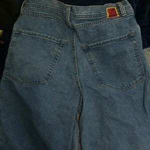 Classic Blue Denim Jeans with Red Patch